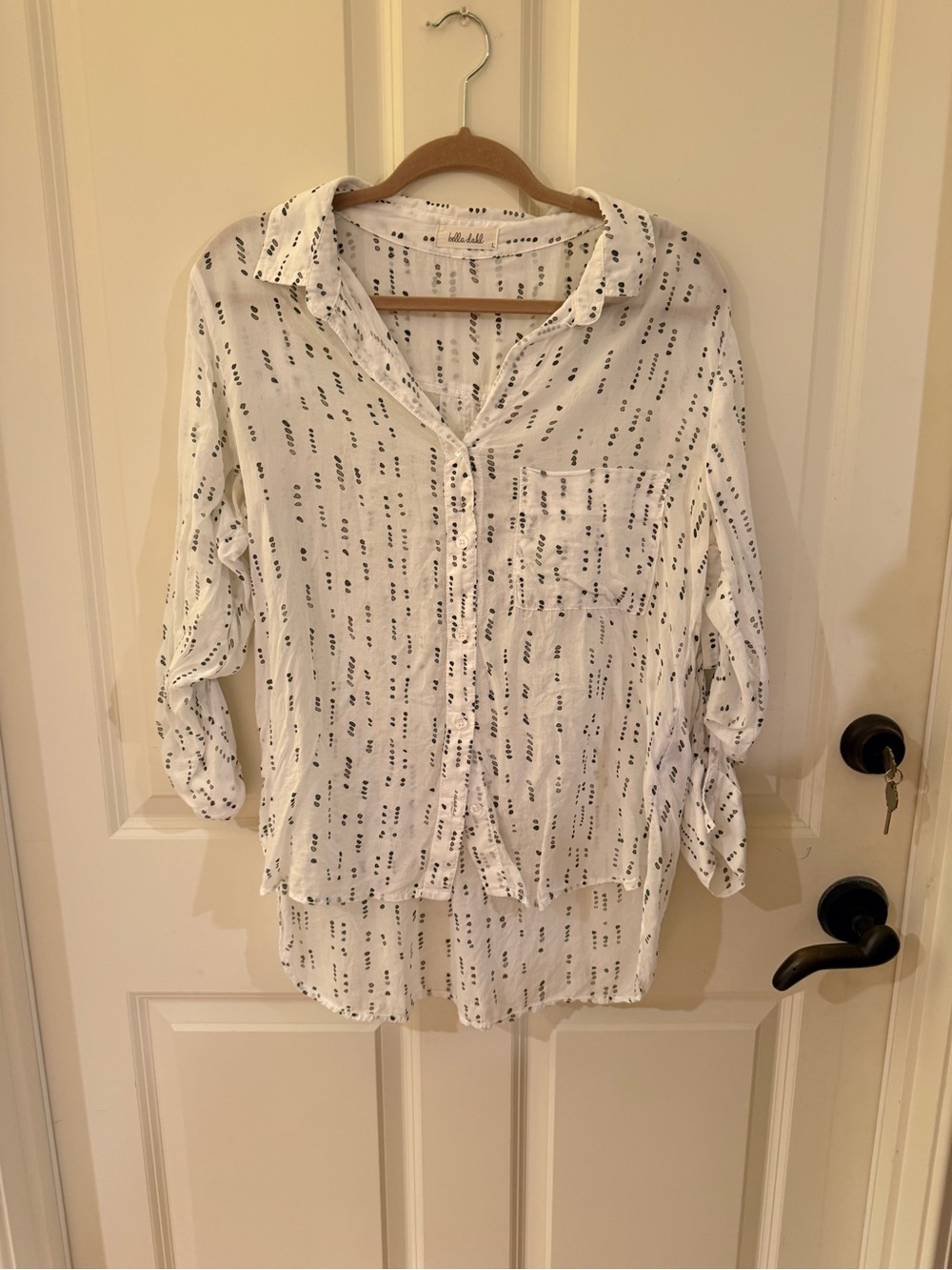 Bella Dahl Lightweight White ButtonFront Women's Top with subtle Black Dot Print